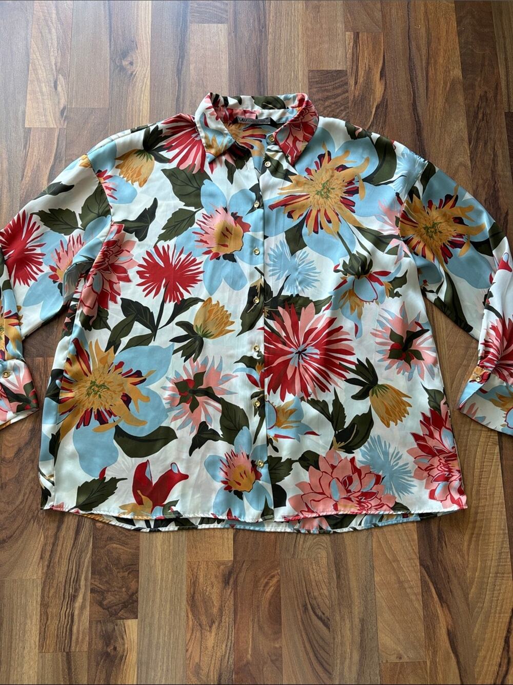 Zara Woman’s Floral Button-Down Shirt — Cream, Red, Blue, Yellow, Green Size S